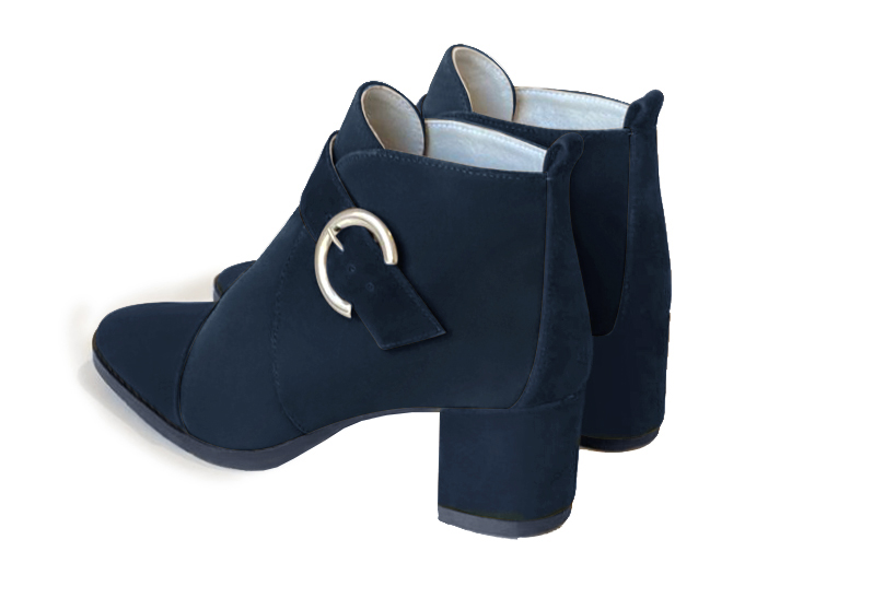 Navy blue women's ankle boots with buckles at the front. Round toe. Medium block heels. Rear view - Florence KOOIJMAN